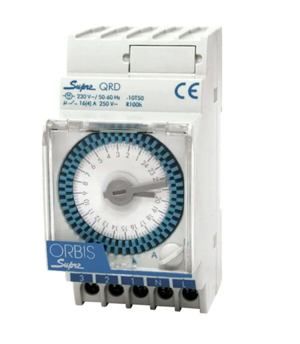 ORBIS ANALOGUE TIME SWITCH 230VACWEEKLY/4HRS 1C/O(16A) 100HRDIN RAIL MOUNT SUPRA-QRS-230VAC
