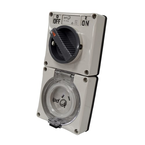 IPD SWITCHED OUTLET 3 FLAT PINS 15A GREY WITH 2 POLE SWITCH IP66 - LESS BASE W66SS315LB